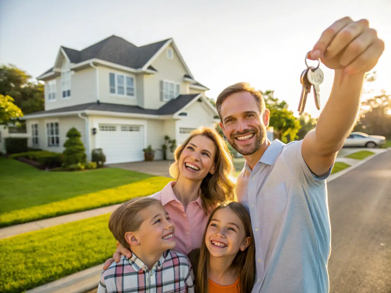 A happy family receiving keys to their new home in a modern neighborhood, symbolizing the joy and accomplishment of finding the perfect home with Lifestone's buying service.