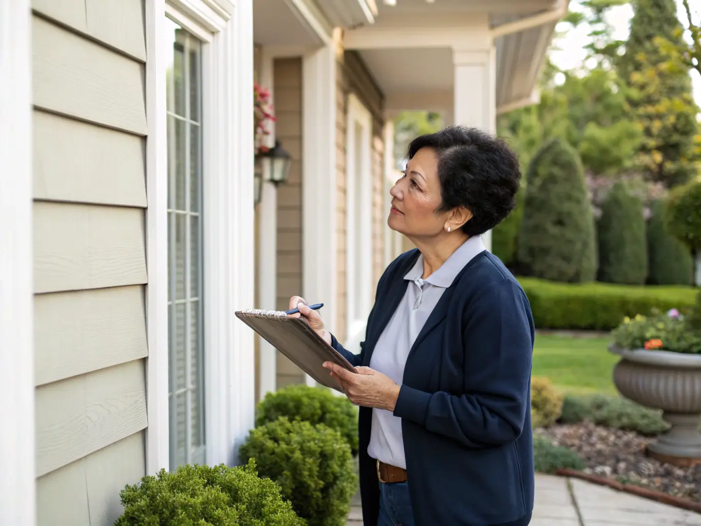 A property manager inspecting a residential building with tenants in the background, representing Lifestone's commitment to professional property management and tenant satisfaction.