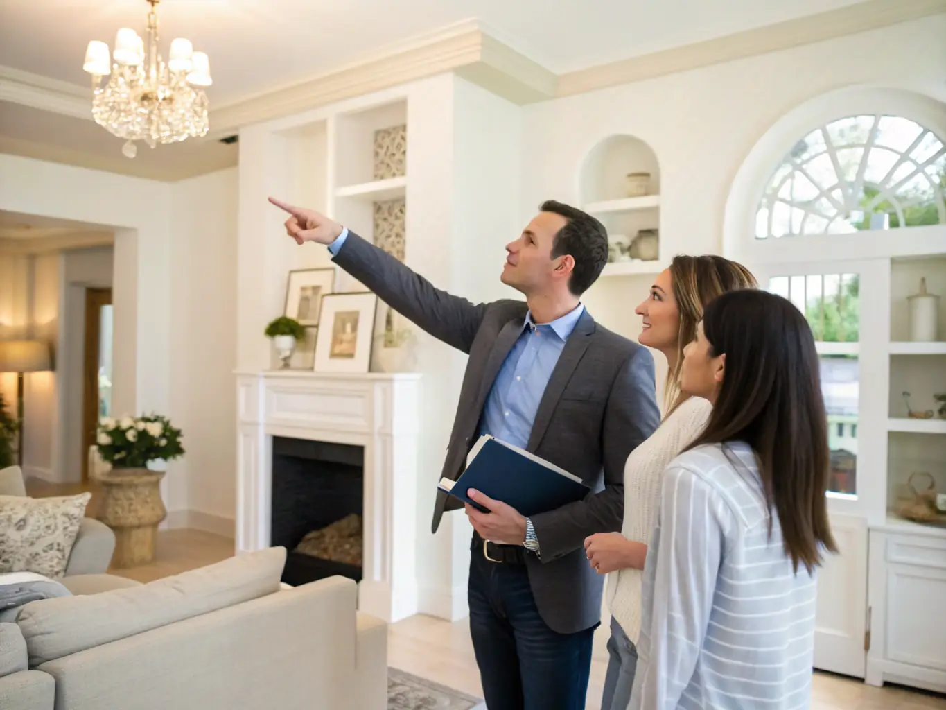 A professional real estate agent presenting a property to potential buyers at an open house, showcasing Lifestone's expertise in marketing and selling properties effectively.